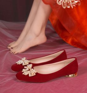 Red Chinese Style Wedding Shoes Womens Two-Way Wear Flat Heel Bride Shoes Pregnant Women Can Wear Evening Shoes Butterfly Knot