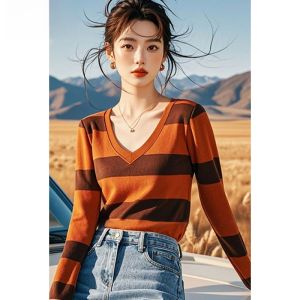 Orange Striped Long Sleeve V-Neck T-Shirt Womens Autumn New Style French Elegance Slimming Base Layer Striped Body Shirt