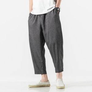 2026 New Summer Men Linen Pants Calf Length Pants Japanese Breathable Loose Casual Pants Thin Elastic Waist Trousers M-5XL