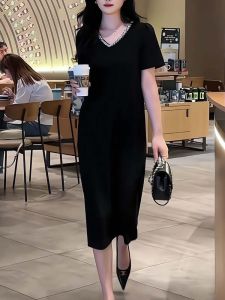 V-Neck Black Long Dress for Women Loose Fit Casual Style Short Sleeves Ideal for Summer Size Plus