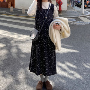 Black Velvet Vest Dress Womens Long Spring Autumn Style Slimming Waist Design Rabbit Print Casual Sweet Japanese Style Dress