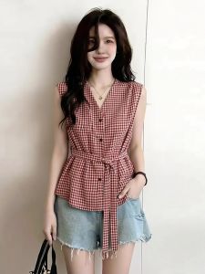AIYITI | Red Checkered Sleeveless Tank Top for Plus Size Women Summer 2026