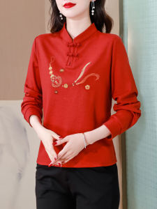 Elegant Red Embroidered Sweatshirt with Button Detail for Middle-Aged Women Fashionable Streetwear Style Long Sleeve Loose Fit