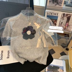 Gray Floral Short Sleeve Knitted Shirt Womens Fashion Short Style Top Trendy Korean Version Straight Cut Commute Element