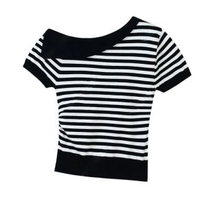 YUEZHONGWEI | French Style Irregular Shoulder Color Block Ice Silk Knitted Short Sleeve T-Shirt Women Summer Slim Fit Short Length Bared Shoulder Top