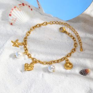 Kemstone Summer Beach Ocean Wave Stainless Steel Cross Chain Simulated Glass Pearl Bracelet for Women