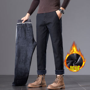 Thickened Fleece Casual Pants Mens 2025 Autumn Winter Fashion Elastic Waist Straight Leg Business Long Pants Warm Cotton Blend