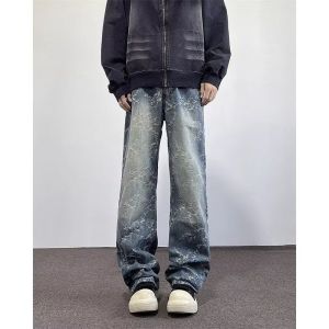Slim Fit American Street Style Jeans Mens Summer Fashionable Straight Leg Jeans mid Waist Washed Denim Youth Casual Wear