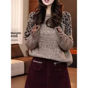 Elegant Design Rare American Leopard Print Patchwork Knitted Sweater