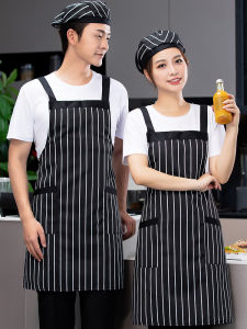 Thickened Apron with Straps Black And White Striped Large Kitchen Apron for Dining Service And Household Use Waist Apron