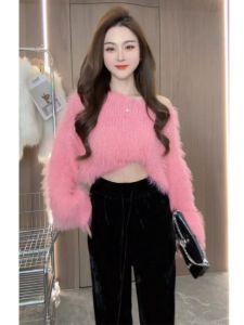K-style Loose Short Candy Color Lantern Sleeve Furry Knitwear Womens Autumn Fashion All-Matching Pullover Colorized Sweater