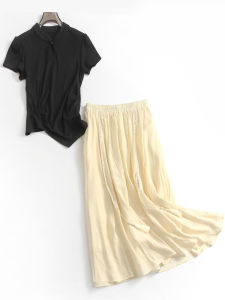 Áo Thun Tay Ngắn Ôm Vừa Vặn Màu Đen Xếp Ly Mới Cho Nữ Váy Midi Cạp Cao Không Đều Bộ Trang Phục Thời Trang Mùa Hè