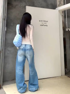 High Waist Long Folded Washed Denim Jeans Women Early Autumn 175 Floor-Length Straight Leg Wide Leg Casual Style Resistant Wear