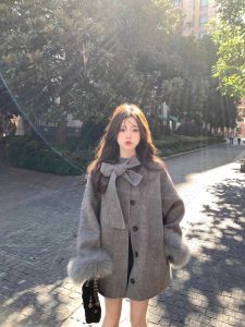 Bows Double-Sided Woolen Coat Womens Fall and Winter Korean Style Fancy Thickened Heattech Super Nice Woolen Cape Coat