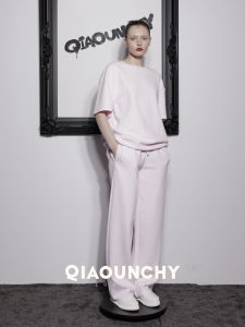 QIAOUNCHY | Cherry Blossom Pink Loose Fit Round Neck Knit Short Sleeve Tshirt and Pants Set