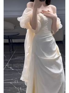 Elegant French Strapless Evening Gown White Wedding Dress for Women High-End Luxury Party Engagement Long Dress Polyester