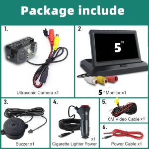 3 In 1 Backup  Reversing Camera Parktronic Car Video Parking Sensor Kit Radar Visible Display 4.3in/5in Monitor System  Alarm