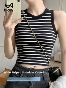 Miiow | Cat Woman Strapless Neck Hanging Top Women Summer 2025 New Stripe Splicing With Chest Pad No Bra Needed Vest Cotton 95% Spandex 5%