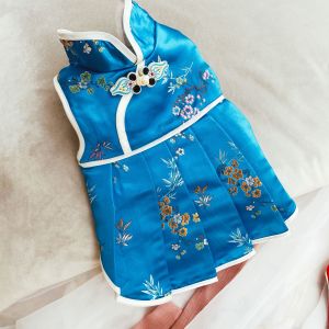 Double Fish Buckle Red Blue Face Pet Dress Dog Clothing Cheongsam Dress Festive Tang Suit for Teddy Dogs Pet Princess Style