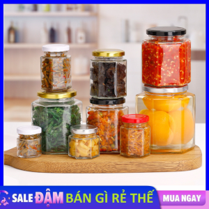 Hũ Thủy Tinh Nắp Thiếc Hình Lục Giác Đựng Thực Phẩm Gia Vi 45ml 180ml 380ml - Lọ Thủy Tinh Đựng Gia Vi Hũ Sữa Chua - Hũ Thủy Tinh Lục Giác Nắp Thiếc