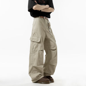 V37 Mens Casual Pants Vintage Japanese Style Loose Wide Leg Workwear Trousers Autumn Straight Cut Drapey Light Beige