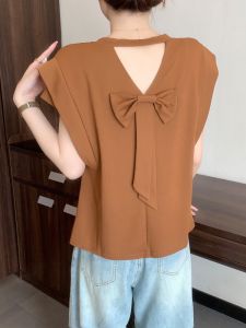 Feifei Short-Sleeved T-shirt Womens Summer Plus Size Plus Size Ladies Slim Looking French Chic Bow Top Back Cut Out Small Shirt