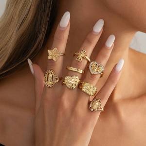 SHIXIN 8Pcs/Set Trend Gold Color Cross Virgin Mary Open Ring Women 2026 Exquisite Heart Inlaid Diamond Finger Ring Charm Jewelry