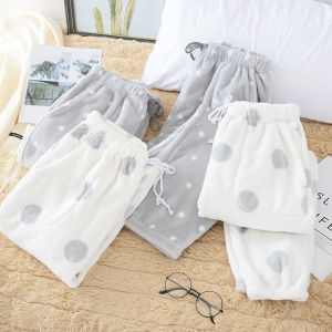 Thickened Coral Fleece Pants Womens Winter Home Leisure round Dot Flannel Loose Fit Sleepwear High Waist Long Trousers