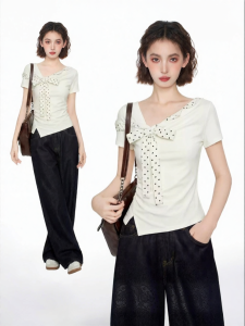 BAIDAIFEI | V-Neck Polka Dot Belted Waist T-Shirt