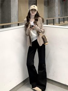 Quần Jeans Ống Loe Cạp Cao Màu Đen Dài Cho Nữ Quần Jeans Ống Loe Ôm Dáng Thu Đông 2025 Quần Jeans Denim Co Giãn