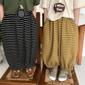 High Quality Loose Fit Stripe Lantern Pants Nine Points Mosquito Proof Childrens Clothing Baby Cotton Elastic Waist Band