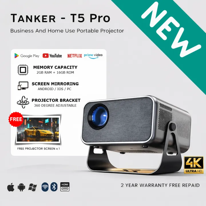 Homex T5pro Wifi Projector 1080P 8K Full HD l Home Projector portable projector screen Mini WiFi Projector