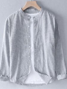 เสื้อเชิ้ตลินินแขนยาวผู้ชายสไตล์ญี่ปุ่นย้อนยุคหลวมๆ คอตั้ง ผ้าฝ้ายลินิน เสื้อเชิ้ตบางฤดูร้อน ทรงหลวมๆ ลายทาง