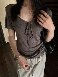 CHOEFULYN | Summer V-Neck Bow Tie Grey T-Shirt