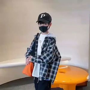 เสื้อเด็กชาย เสื้อโค้ทเด็กญ เสื้อลายสก๊อตแฟชั่นเกาหลี เสื้อแจ็คเก็ตมีฮู้ดแขนยาวทรงหลวมสำหรับเด็ก 23728