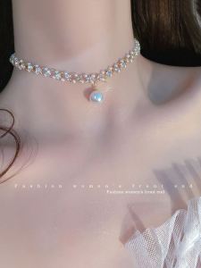 Delicate Pearled Beaded Necklace for Women Sparkling Diamond Woven Design Versatile Fashionable Jewelry Clavicle Chain