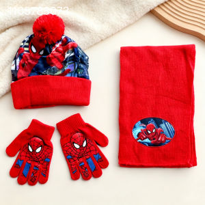 BLOKEES | 3Pcs Kids Winter Hat Scarf Gloves Set Cartoon Hero Spider Knitted Pom‑pom Beanie Warm Full Finger Gloves Boys Outdoor Accessorie