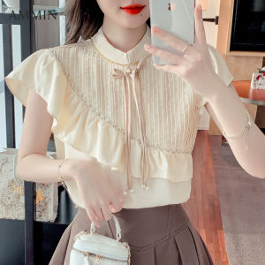 AMMIN เสื้อเบลาส์ลูกไม้แต่งระบายแขนสั้นสำหรับผู้หญิง เสื้อเบลาส์ลูกไม้เสื้อชีฟองแขนสั้นผูกโบว์ดีไซน์หัวเข็มขัดจานมีระบายฉบับภาษาเกาหลีสำหรับฤดูร้อน