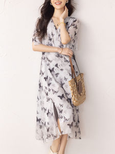 Floral Print Chiffon Dress Womens Fashion Summer 2025 New Style Slimming Short Sleeve High Waist A-Line Skirt V-Neck Dress