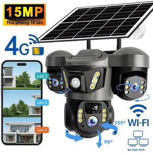 Camera IP Năng Lượng Mặt Trời V380 Pro 15MP WiFi Với 3 Ống Kính 3 Màn Hình Âm Thanh Ngoài Trời Chống Nước IP66 Tích Hợp Pin Mạng 4G Camera An Ninh CCTV