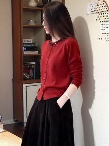 Red Long Sleeve Knitted Sweater Womens 2025 New Early Autumn Slim Short Outerwear Knitted Open Cardigan Coat Top