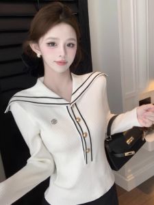 GUZILIAN | เสื้อสเวตเตอร์ถักคอพันธุ์น้ำมันสีน้ำเงินสไตล์เกาหลีสำหรับผู้หญิง เสื้อชั้นในทรงเข้ารูป เสื้อเชิ้ตคอปกสูง