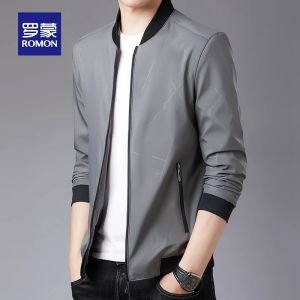 ROMON | Lormen Mens Baseball Jacket Short Casual Pilot Windproof Youth Fashion Urban Style Polyester Fiber Zipper Closure Long Sleeve