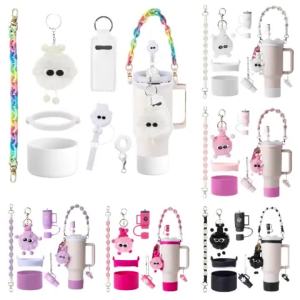 6pcs Cup Accessories Set for Floral Themed Thermal Bottle Handle Strap/Silicone Cup Boots/Spill Proof Stopper/Hairball Charm Kit