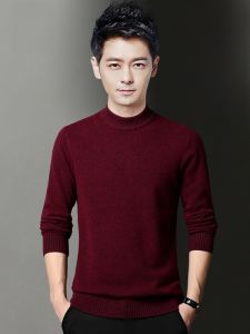 ROMON | Red Pure Wool High Collar Knitted Sweater For Men By Romon Winter Fashion City Style Casual Loose Fit Long Sleeve Crew Neck