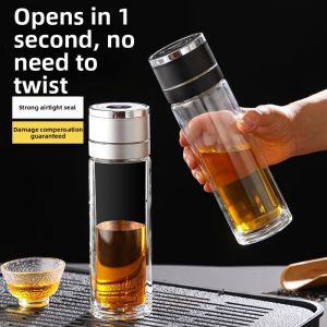 One-Click Open Double Layer Tea Water Separation Glass Cup
