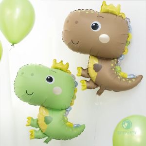 Retro Green Brown Dinosaur with Crown Foil Balloon for Dino Theme Birthday Party Decoration Supplies