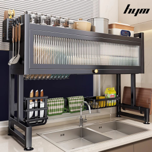 HYM Kitchen Dish Rack Cabinet Sink Dish Rack Organizer Cabinet Dustproof Dish Drying Rack With Door Stainless Organizer