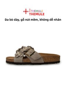 THEMULE | Dép Bông Hoa Da Bò Dày Đế Bằng Sợi Bần