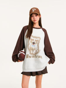 เสื้อฮู้ดพิมพ์ลายแมวสไตล์ย้อนยุคสไตล์อเมริกันสำหรับผู้หญิงในฤดูใบไม้ร่วงและฤดูหนาว เสื้อผ้าทำงานแบบลำลองที่สวมใส่สบาย